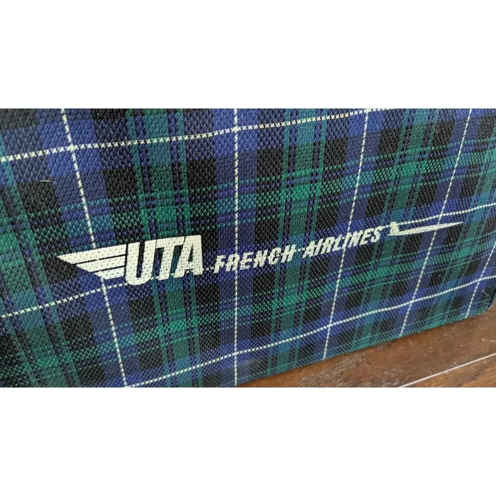 Vtg UTA French Airlines Cabin Suitcase Tartan Plaid Carry On Bag Small 1950s